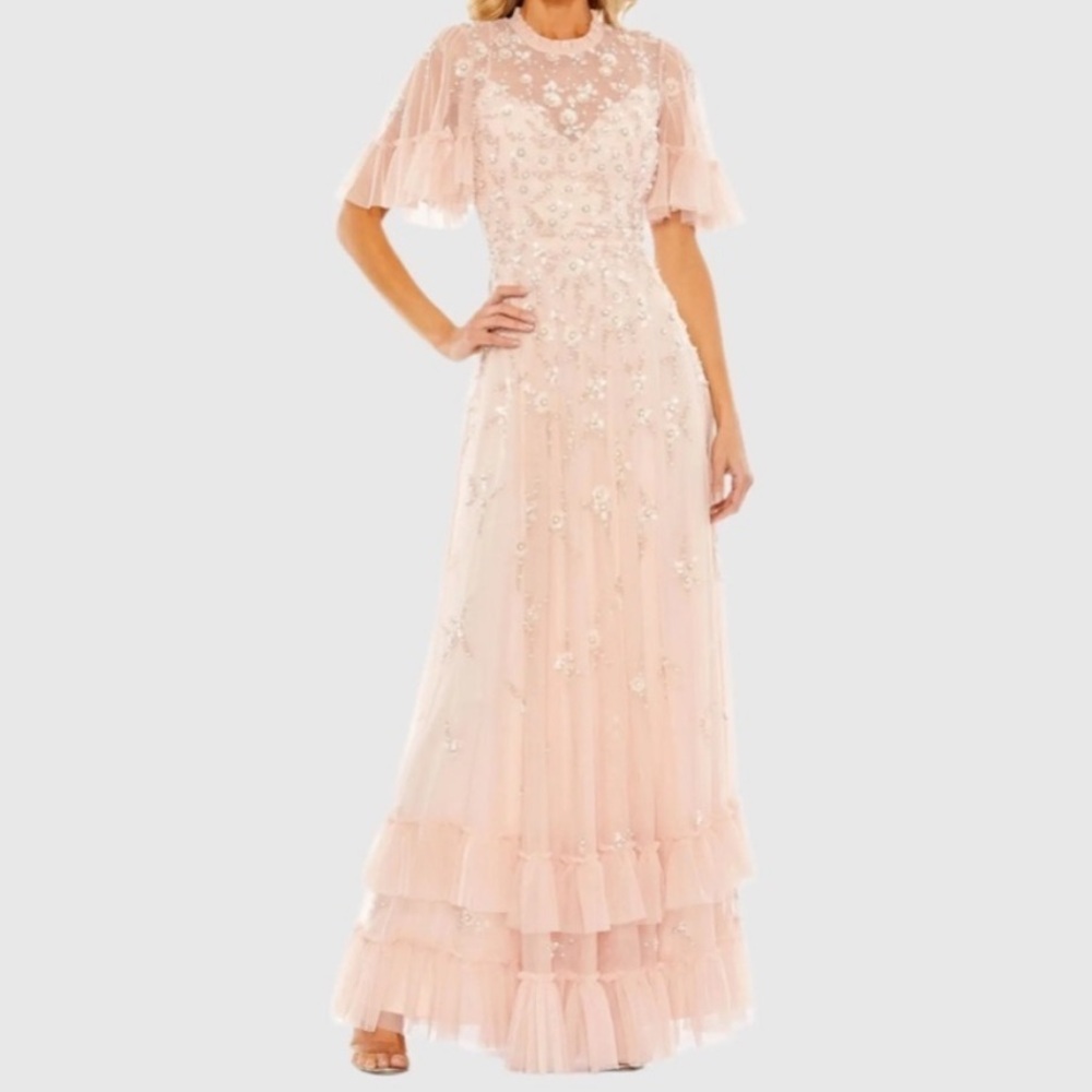 NWT Mac Duggal Sz 16 Pink Ruffled Floral Embellished Flutter Sleeve Gown 9199